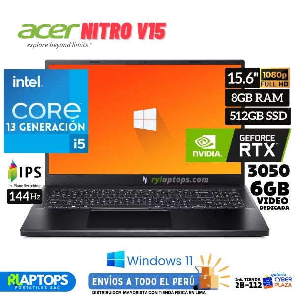 Laptop ACER NITRO 5 Intel Core i5 13420H 8GB RAM 512GB SSD 15.6"FHD T.VIDEO 6GB NVIDIA RTX 3050 WINDOWS 11