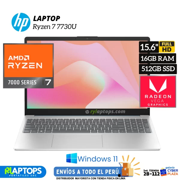 Laptop HP Ryzen 7-7300U 16GB RAM 512GB SSD 15.6"FHD T.VIDEO AMD Radeon Graphics