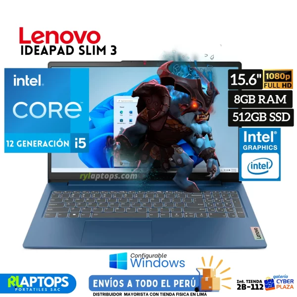 Laptop LENOVO Ideapad SLIM 3 Intel Core i5-12450H 8GB RAM 512GB SSD 15.6"FHD T.VIDEO Intel UHD Graphics