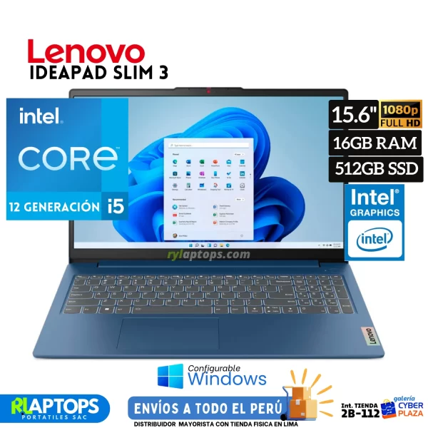 Laptop LENOVO Ideapad SLIM 3 Intel Core i5-12450H 16GB RAM 512GB SSD 15.6"FHD T.VIDEO Intel UHD Graphics