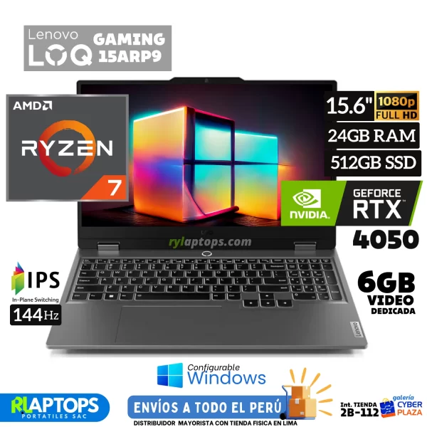 Laptop LENOVO LOQ Ryzen 7-7435H 24GB RAM 512GB SSD 15.6"FHD T.VIDEO 6GB NVIDIA Geforce RTX 4050