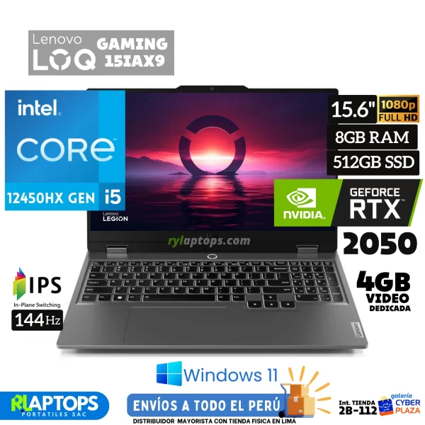 Laptop LENOVO LOQ Intel Core i5-12450HX 8GB RAM 512GB SSD 15.6"FHD T.VIDEO 4GB NVIDIA RTX 2050 Windows 11